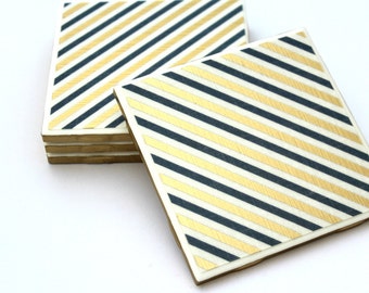 Mid-Century Striped Drink Coasters Hand Painted Coaster Edges Gifts for Him Home Office Coaster Gift Set Gold Bar Cart Coasters Father's Day