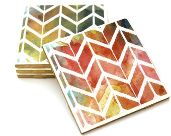 Vibrant Colorful Watercolor Ceramic Coasters - Southwestern Style Drink Coasters - Bohemian Decor - Handpainted Metallic Gold Edges