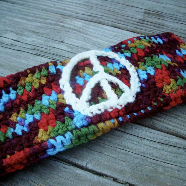 SALE! Handmade Crochet Rainbow PEACE Sign Head Band - Ear Warmer - Dread Wrap - Button Closure - Unisex - Hippie - Hippy - Multicolor Yarn