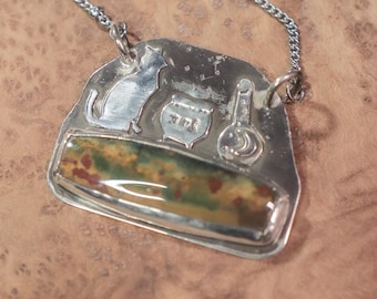 Silver Cat and Cauldron Bloodstone Pendant, Silver Hallows Collection, Halloween Samhain Jewelry, Fantasy Bookish Jewelry
