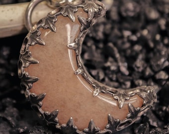 Mystic Peach Amazonite Celestial Moon Witch Pendant in Sterling Silver