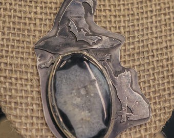 Silver Witch Hat & Cat Black Onyx Necklace – Sterling Silver Druzy Pendant, Samhain Jewelry, Witchy Fantasy Necklace