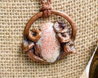 Electroformed Mushroom Necklace with Scolecite and Hand Sculpted Chanterelle Mushrooms