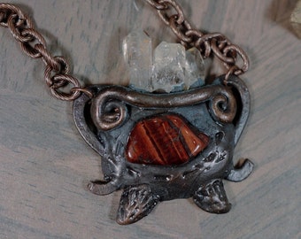 Tiger's Eye and Quartz Cauldron Electroformed Copper Necklace