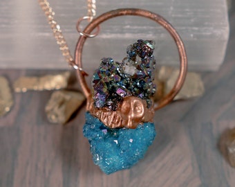 Blue Druzy Skull Electroformed Copper Necklace
