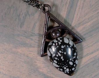 Snowflake Obsidian Evil Eye Electroformed Copper Necklace