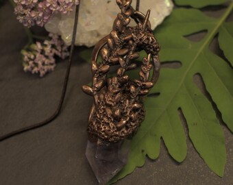 Copper Electroformed Auralite Lavender Necklace - Cottagecore Crystal Pendant, Green Witch Herbal Talisman
