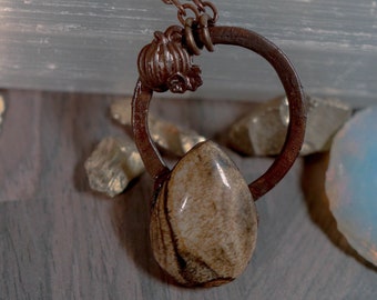 Pumpkin Picture Jasper Electroformed Copper Necklace