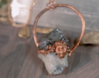 White and Silver Druzy Skull Electroformed Copper Necklace