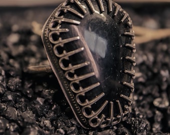 Gothic Silver Onyx Coffin Shaped Ring, Silver Hallows Collection, Halloween Samhain Jewelry, Fantasy Bookish Jewelry