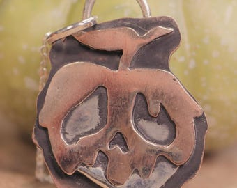 Samhain Poison Apple Pendant – Sterling Silver & Copper Necklace, Mixed Metal Spooky Pendant