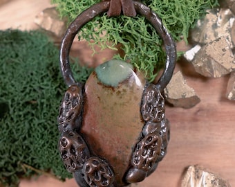 Electroformed Mushroom Necklace with Polychrome Jasper and Hand Sculpted Morel Mushrooms