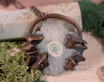 Electroformed Mushroom Necklace with Solar Quartz and Copper Shelf Mushrooms