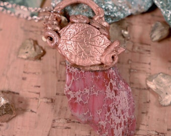 Elven Electroformed Copper Leaf Pendant Necklace with Pink Jaspe