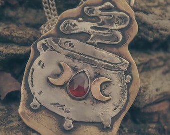 Mystic Sterling Silver Celestial Cauldron with Red Garnet & Brass Moons