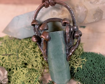 Electroformed Mushroom Necklace with Aventurine Crystal and Porcelain Mushrooms