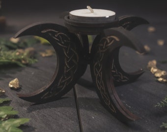 Handmade Black Moon Witchy Candleholder, Wooden Candle Holder, Cottagecore Décor, Halloween Decor