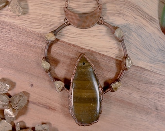 Tiger's Eye and Citrine Lunar Electroformed Copper Necklace
