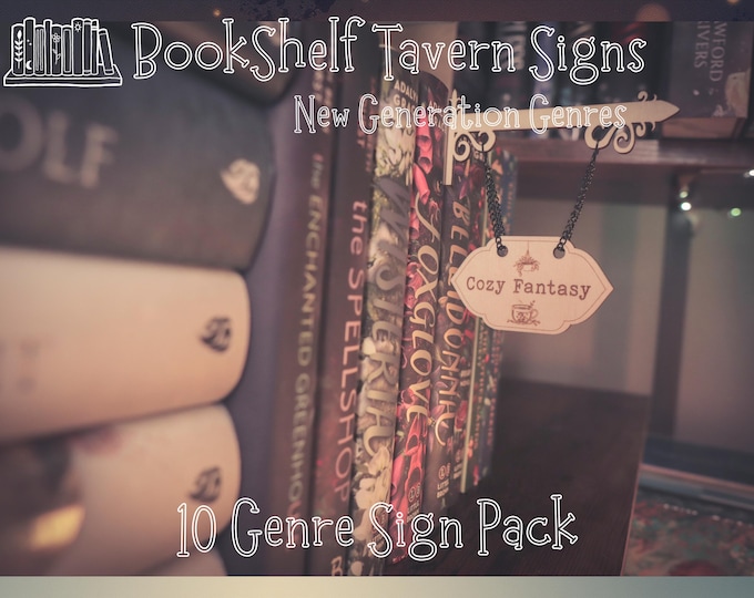 Featured listing image: New Generations Bookshelf Tavern Sign Bundle - Shelf Decor, Book Dragon Gift, Library Label, Genre Sign, Shelf Insert, Cozy Medieval Decor