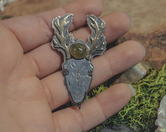 Featured listing image: Deer Skull Pendant with Brass Antlers, Vesuvianite Pendant, Sterling Silver Bookish Necklace, Fantasy Bookish Jewelry