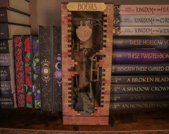 Fantasy Lighted BookNook - Magical Library Street Scene, Old Town Book Nook Insert, Light-Up Bookshelf Decor, Book Dragon Gift