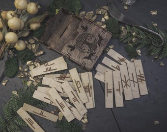 Wooden Stave Set, Norse Pagan Staves, Pagan Deck, Divination Box, Witchy Altar Tools, Altar Tool, Witchcraft Tools, Wooden Stave Deck