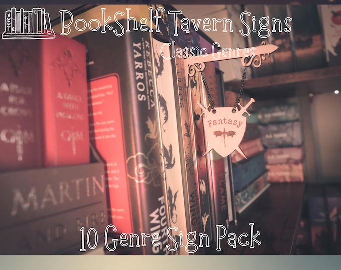 Featured listing image: Classical Bookshelf Tavern Sign Bundle - Shelf Decor, Book Dragon Gift, Library Label, Fantasy Genre Sign, Shelf Insert, Cozy Medieval Decor