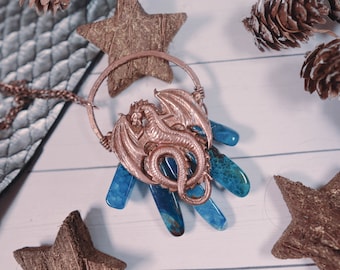 Aqua Agate Fantasy Dragon Electroformed Copper Necklace