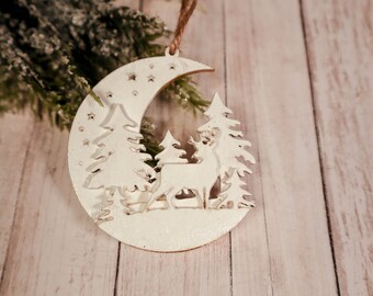 Moon Deer Ornament, Christmas Ornament, 2024 Ornament, Cottagecore Ornament, layered ornament, Woodland ornament, Yule wooden ornament