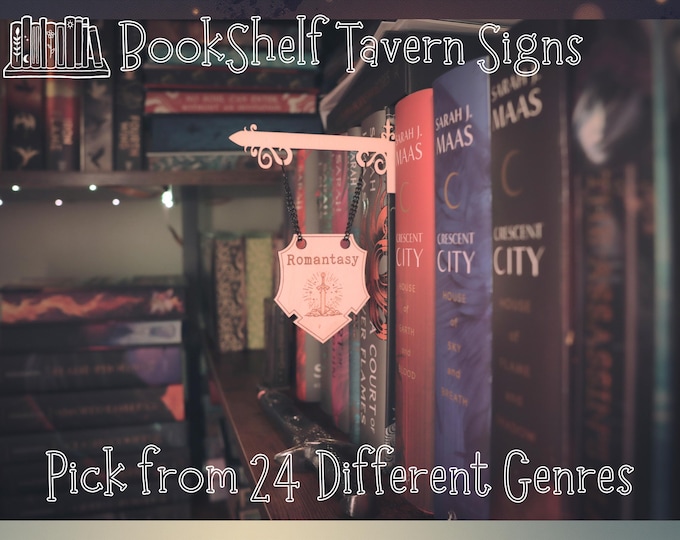 Featured listing image: Fantasy Bookshelf Tavern Sign - Booknook Shelf Decor, Book Dragon Gift, Library Label, Fantasy Genre Sign, Shelf Insert, Cozy Medieval Decor