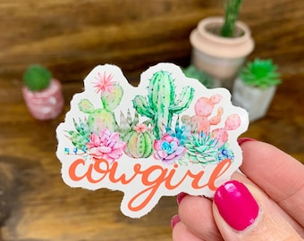 Cowgirl Cactus Vinyl Sticker, Water Resistant Decal