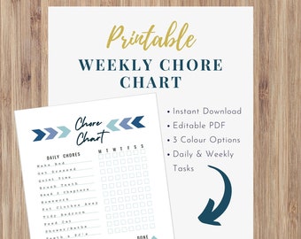 Weekly + Daily Chore Chart For Kids|Printable Chore Chart|Fillable Kids Chore List Editable