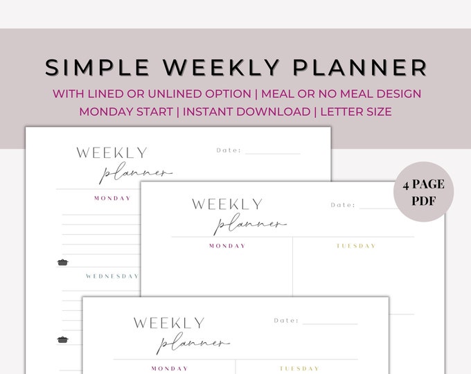 Simple Weekly Planner Printable, Minimal Color Design, Weekly Schedule ...