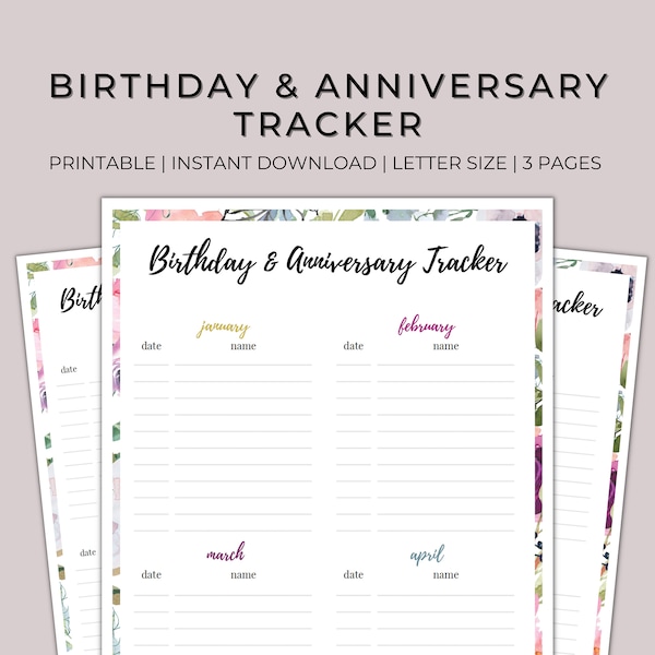 Printable Birthday Tracker, Editable Birthday and Anniversary Log, Birthday Reminder, Important Dates List