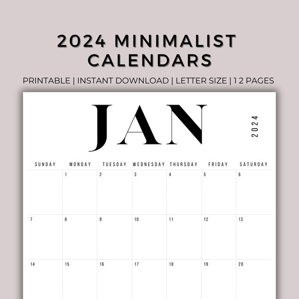 Portrait Calendar 2024 Printable, Printable Calendar 2024 Vertical, Vertical 2024 Calendar Pages, Minimalist Black and White Calendars