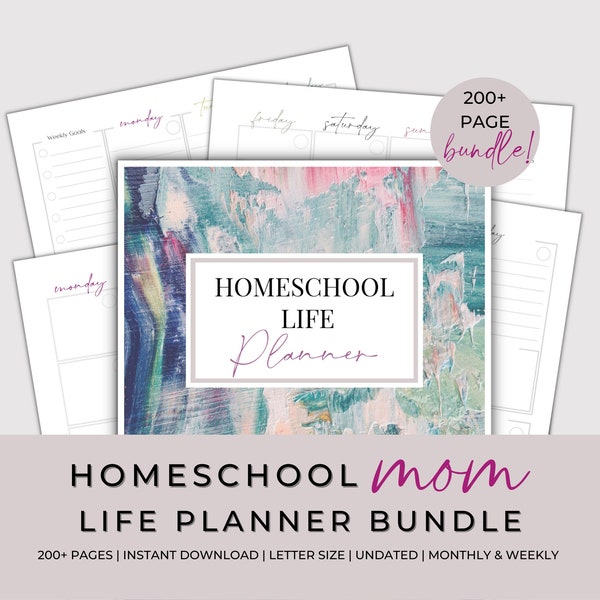 Homeschool Mom Life Planner Bundle, Undated Daily And Weekly Printable Pages + 12 Months, Homeschool Binder + Home Management Pages