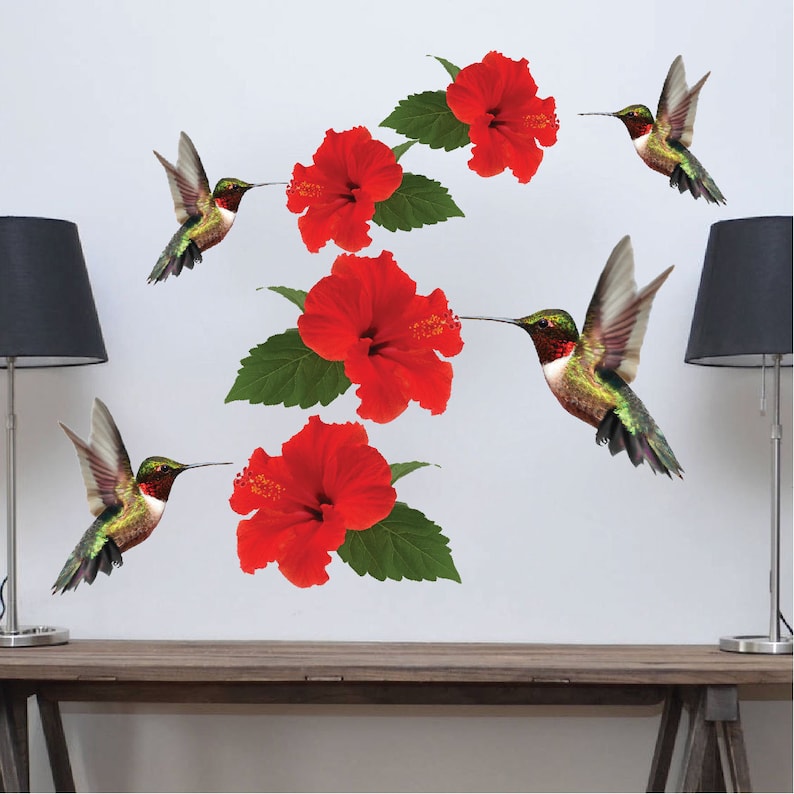 a01 Hummingbirds Red Flowers Floral Animal Vinyl Hummingbird Wall Decal Mural