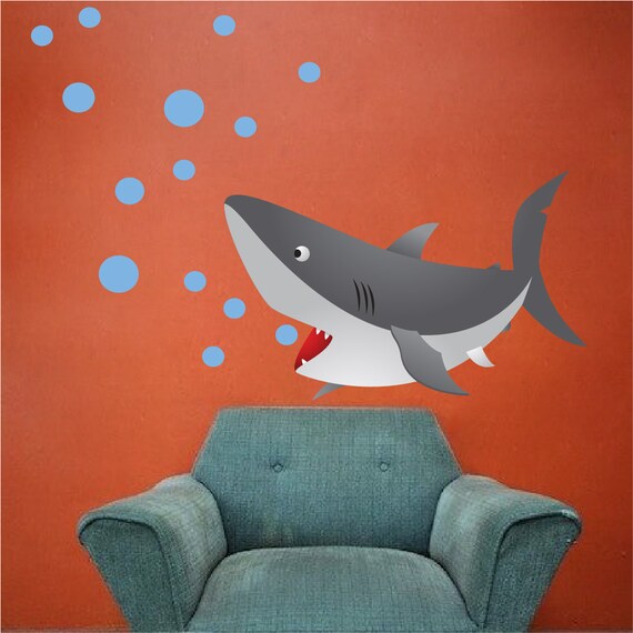 kids shark bedroom or bathroom vinyl wall mural decal, peel and stick kids  animal ocean decals, shark, nursery fish shark wall mural, c32