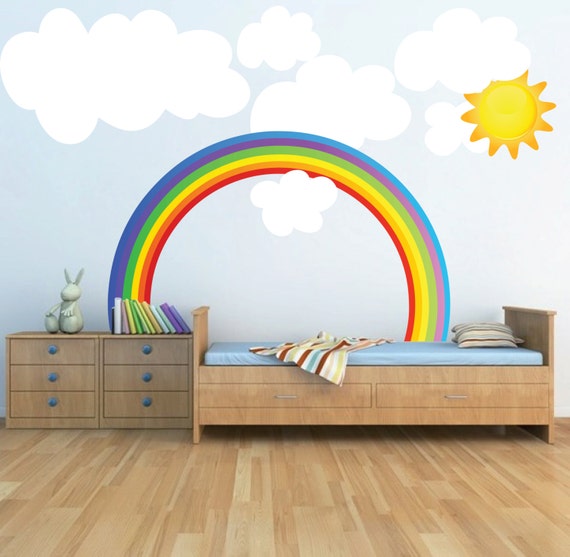 wandgestaltung kinderzimmer regenbogen, regenbogen-wandtattoo kinder schlafzimmer regenbogen, regenbogen-wand-kunst, kindergarten regenbogen design, kinderzimmer regenbogen tapete wandbild, Innenarchitektur
