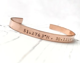 Handstamped copper bangle cuff, 7th wedding anniversary, Mothers Day, inspirational quotes, personalised coordinates gift,