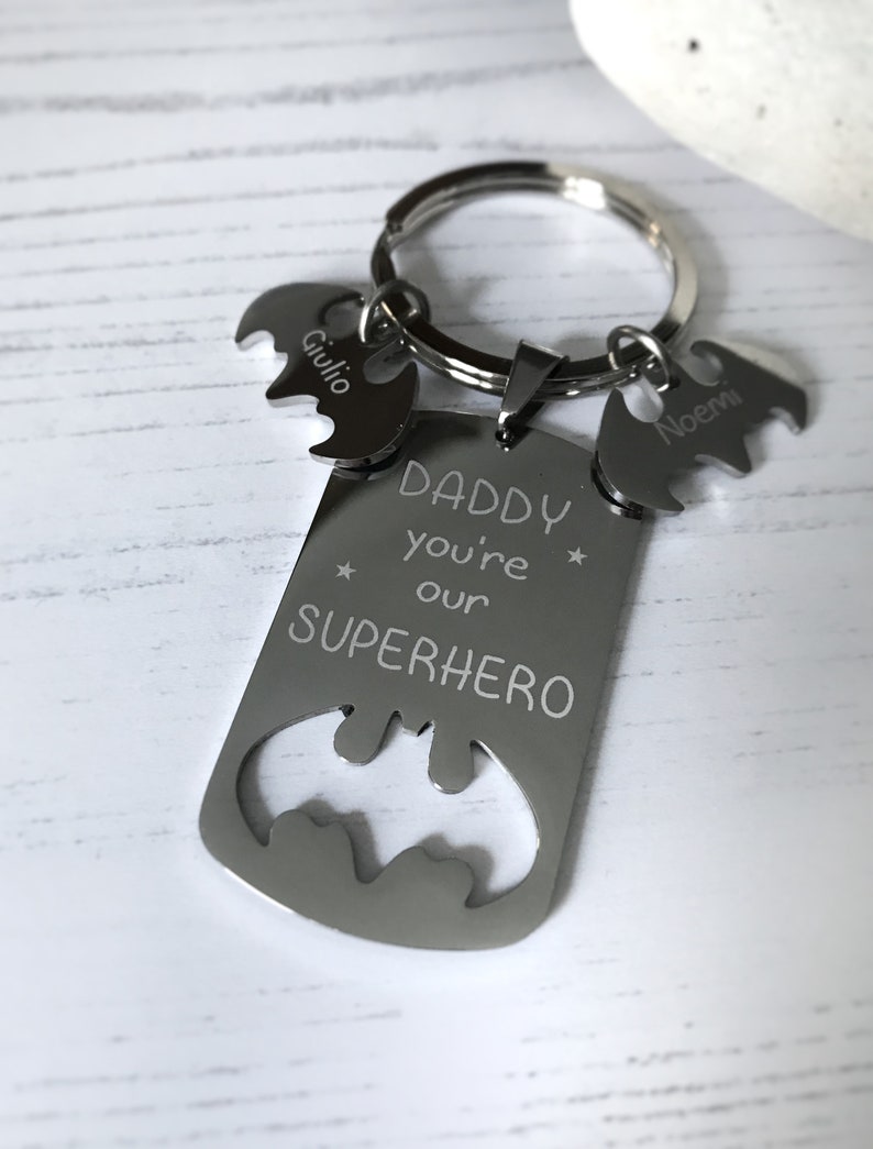Fathers Day keyring Daddy you/'re my superhero Grandad gift Dad Christmas Daddy gift Superhero gift engraved Daddy Batman dogtag