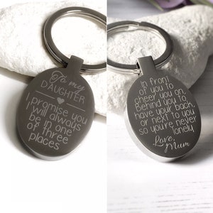 engraved Daughter Oval keyring, To My Daughter from Mum, stainless steel travel gift, personalised teenager gift, university, leaving home,