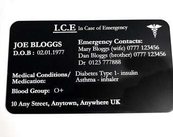 Emergency card, Medical ID card, Aluminium Engraved ICE card, custom metal medic alert, ICE wallet card, allergy diabetic, medical condition