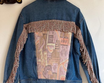 Boho Fringed Denim Jacket: Upcycled Vintage Tablecloth, Size Small