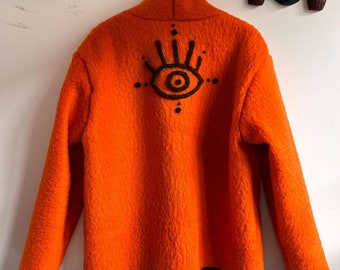 Upcycled Orange Wolldecke Jacke: Handgemachte Augenklappe, Oversized Fit