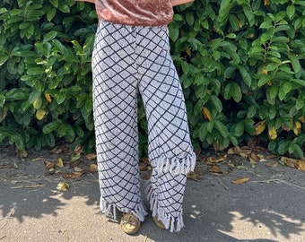 Upcycled Palazzo Pants | Handmade Blanket trousers | Cozy White Tassels | Big Checkered Design | Size Small