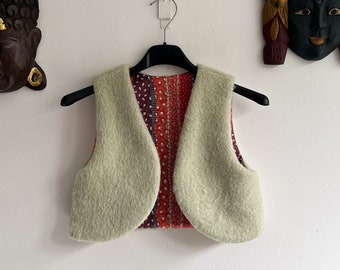Fashionable Toddler waistcoat | Boho Style Vest | Green Wool & Red Print | Upcycled Kids Clothing | Size 4/5 or 110/116 EU