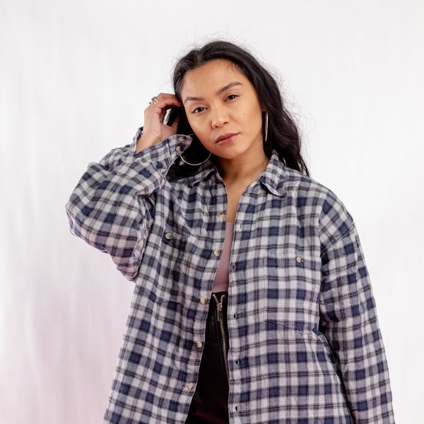Vintage heavy thick flannel plaid jacket Lined flannel shirt Blue checkered jacket Warm coat shirt Working winter apparel Casual Size XL