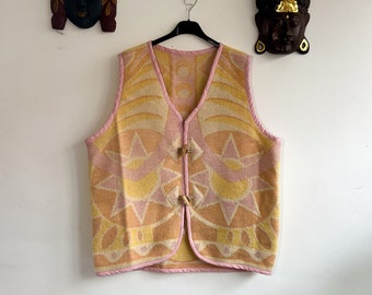 Gilet femme imprimé fait main | Couverture en laine imprimée Boho Style | Laine vintage recyclée | Taille XL