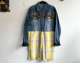 Upcycled Jeansjacke: Wolldecke & Seidentischdecke, Gr. S